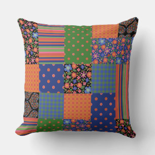 Coussin Art populaire Faux Patchwork, Floral, Polkas, Chèq