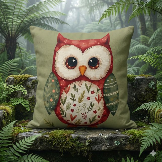 Coussin Art populaire Patchwork Chouette Cottagecore (Folk Art Patchwork Owl Cottagecore Throw Pillow Mockup B)