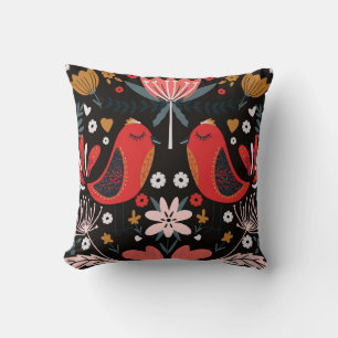 Coussin Art populaire scandinave : Oiseaux colorés.