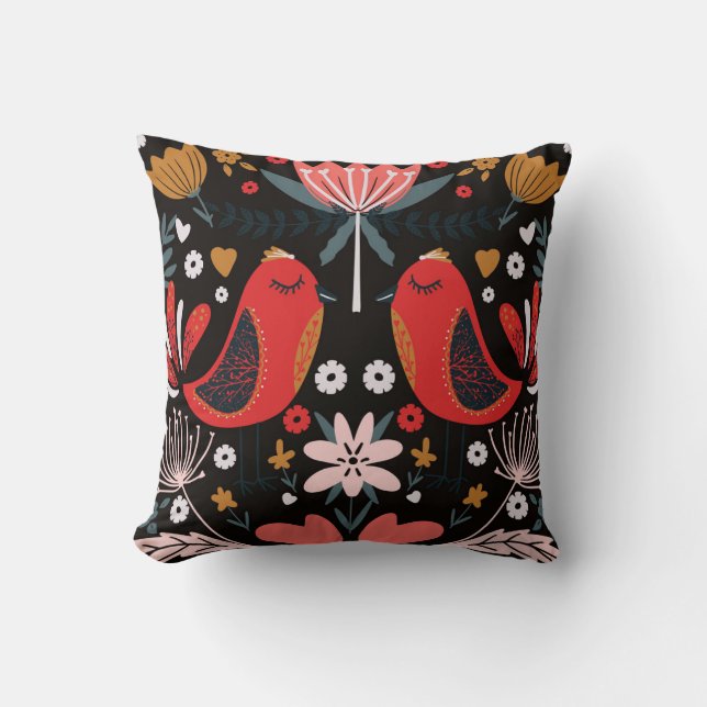 Coussin Art populaire scandinave : Oiseaux colorés. (Recto)
