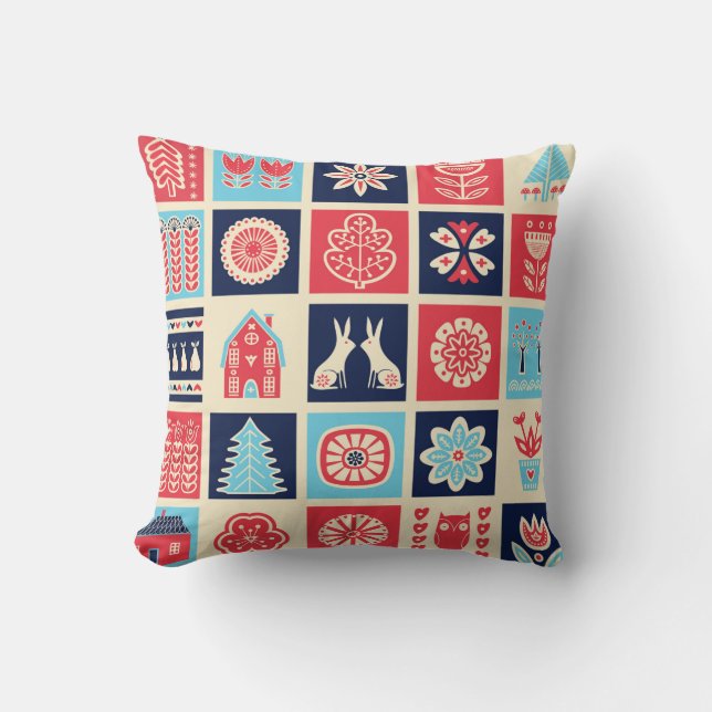 Coussin Art populaire scandinave sans couture motif vintag (Recto)