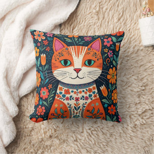 Coussin Art populaire Whimsical Chat et Fleurs