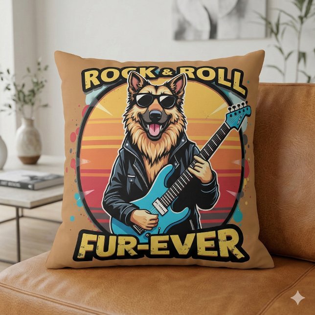 Coussin Art Rétro du Crépuscule avec Berger Allemand Rock  (Rock and Roll German Shepherd Retro Sunset Art Throw Pillow Mockup A)