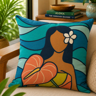 Coussin Art rétro hawaïen Anthurium Lady Océan