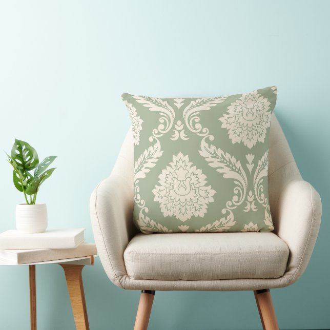 Coussin Art Rococo Damassé I Crème sur Vert (Chaise)