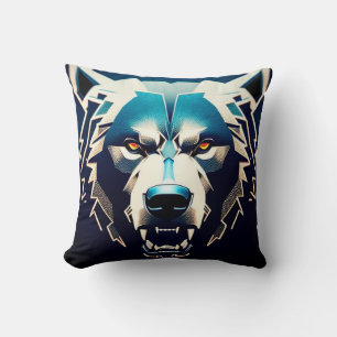 Coussin Art stylisé d'ours féroce avec reflets néon abstra