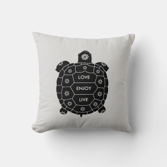 Coussin Art Tortue Noire sur Gris Argent Clair (Recto)