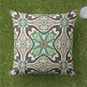 Coussin Art tribal bleu vert turquoise aqua brun foncé