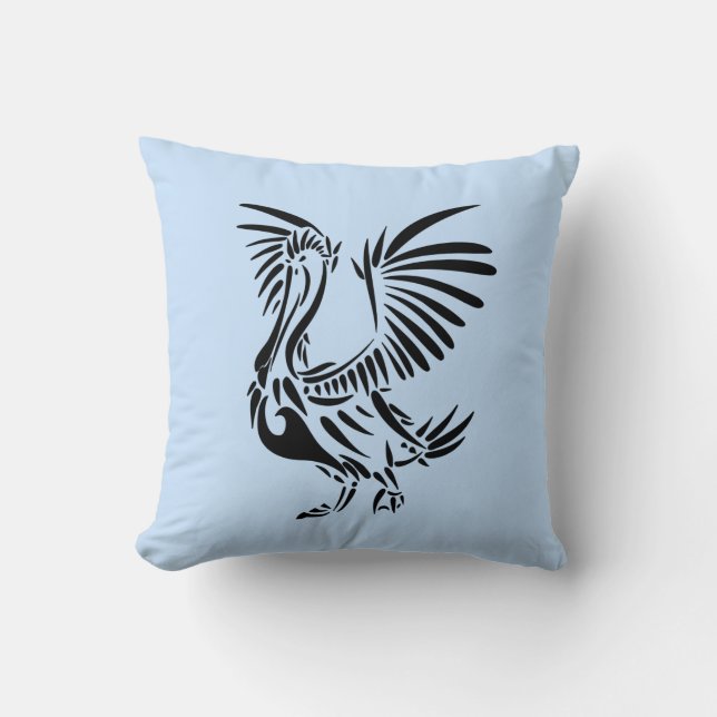 Coussin Art tribal de pélican sur fond bleu (Recto)