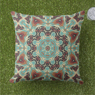Coussin Art tribal mandala rouge turquoise marron orange