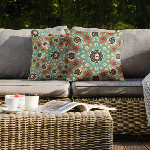 Coussin Art tribal mandala turquoise rouge orange marron