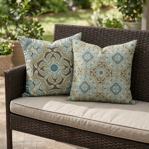 Coussin Art tribal vert gris bleu sarcelle ocre taupe marr