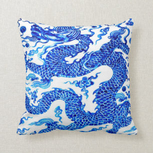 Coussin Art vintage d'illustration de dragon chinois bleu