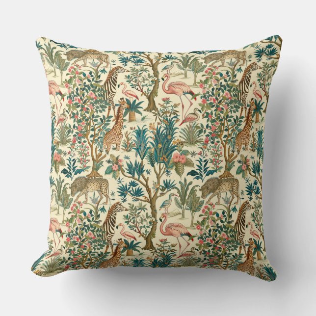 Coussin art vintage, girafes zébrées, flamants, oiseaux, l (Recto)