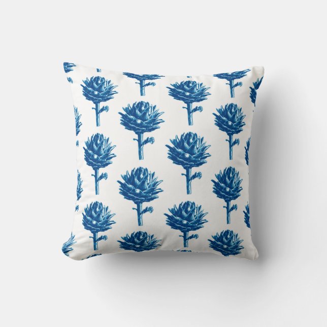 Coussin Artichoke botanique Impression, Indigo bleu et bla (Recto)