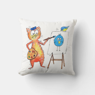 Coussin Artiste de Whimsical Chat Peindre un oiseau