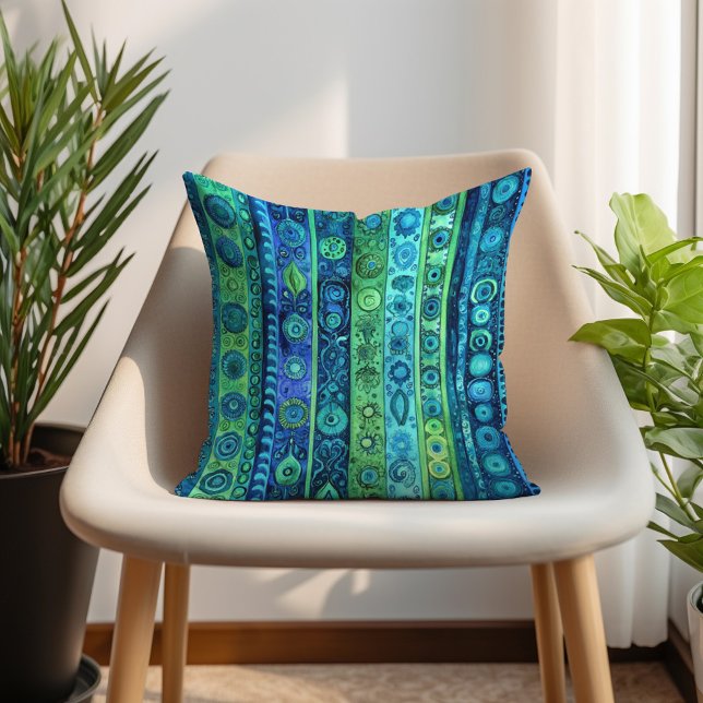 Coussin Artistic Bohème Rayé Bleu Vert (Blue Green Artistic Boho Striped Throw Pillow)