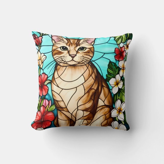 Coussin Artistic Feline Portrait Amid Tropical Flowers  (Recto)