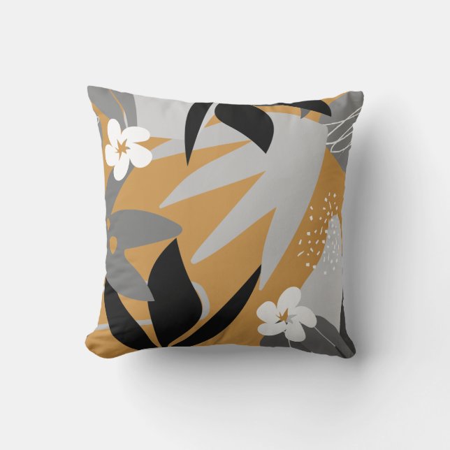 Coussin Artistique Abstrait Botanique | Gris et moutarde (Recto)