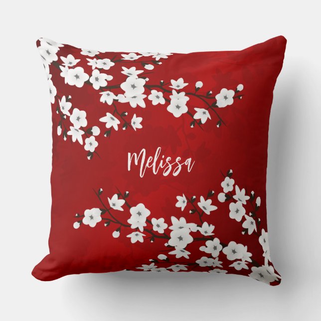 Coussin Asia Floral Blanc Cerisier Fleur Rouge Ajouter un  (Recto)
