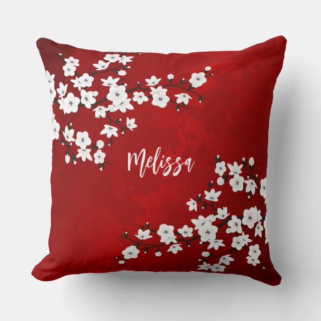 Coussin Asie Fleur Blanche Cerisier Rouge Ajouter Nom (Recto)