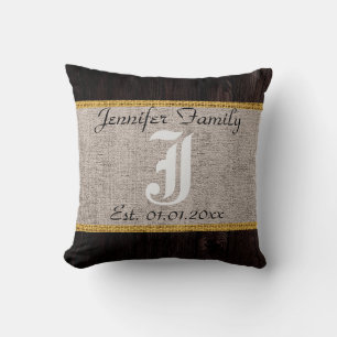 Coussin Aspect Bois Toile Lin Burlap Rustique Monogramme
