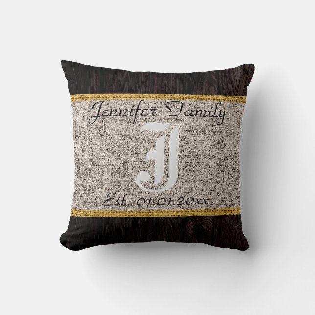 Coussin Aspect Bois Toile Lin Burlap Rustique Monogramme (Recto)