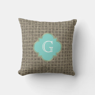 Coussin Aspect rustique de toile de jute, monogramme turqu