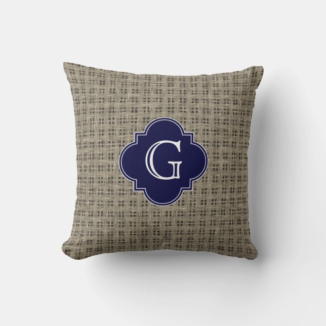 Coussin Aspect Toile de Jute Rustique, Monogramme Quatrefe (Recto)