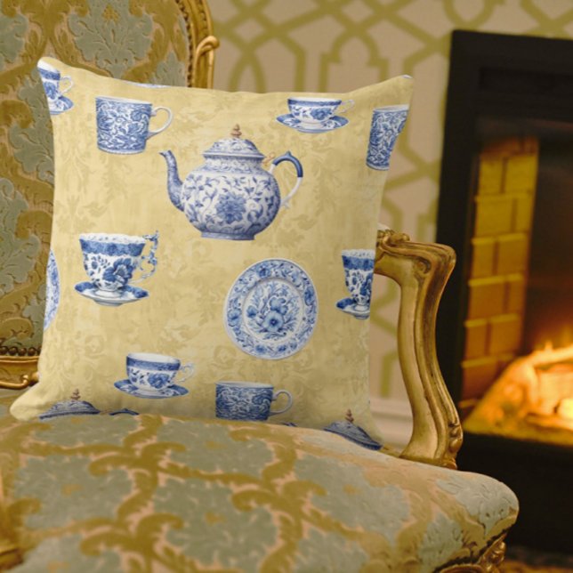 Coussin Assiettes bleues et blanches de chinoiserie vintag (Vintage chinoiserie and damask)