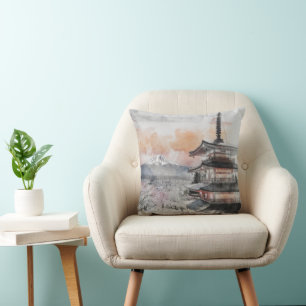 Coussin Assiettes en papier Pagode japonaise et mont Fuji 