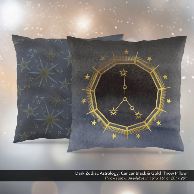 Coussin Astrologie Zodiaque foncée : Cancer Noir & Or (Dark Zodiac Astrology: Cancer Black & Gold Square Throw Pillow)