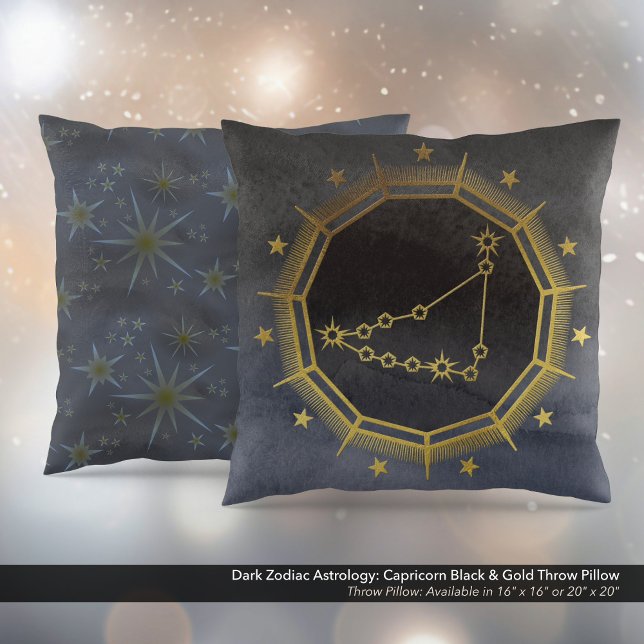 Coussin Astrologie Zodiaque foncée : Capricorne Noir & Or (Dark Zodiac Astrology: Capricorn Black & Gold Square Throw Pillow)