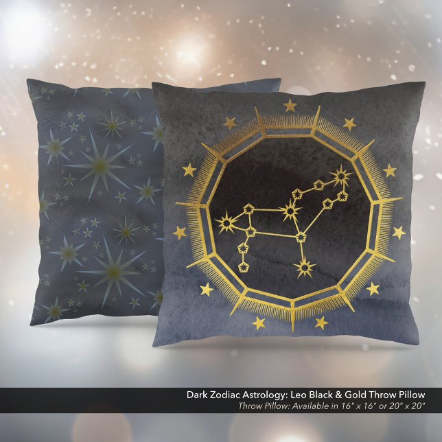Coussin Astrologie Zodiaque foncée : Leo Noir & Or (Dark Zodiac Astrology: Leo Black & Gold Square Throw Pillow)