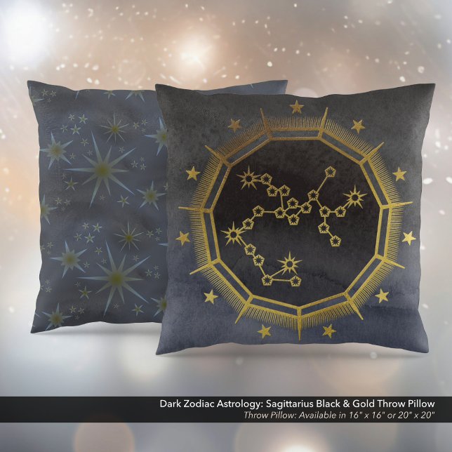 Coussin Astrologie Zodiaque foncée : Sagittaire Noir & Or (Dark Zodiac Astrology: Sagittarius Black & Gold Square Throw Pillow)