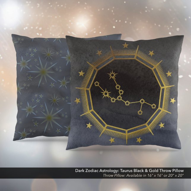 Coussin Astrologie Zodiaque foncée : Taurus Noir & Or (Dark Zodiac Astrology: Taurus Black & Gold Square Throw Pillow)