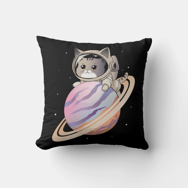 Coussin Astronaut de chat spatial avec planète Saturne (Recto)