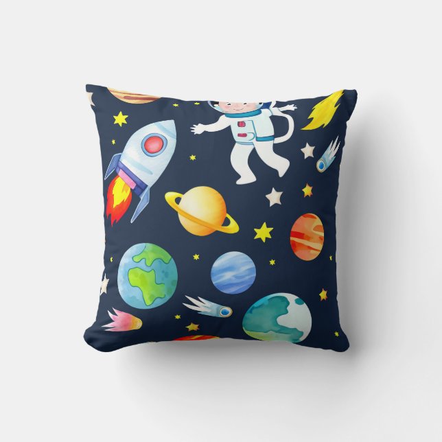 Coussin Astronaut in Space Planets and Rockets Pattern (Recto)