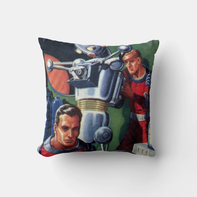 Coussin Astronautes de la science-fiction vintage réparant (Recto)