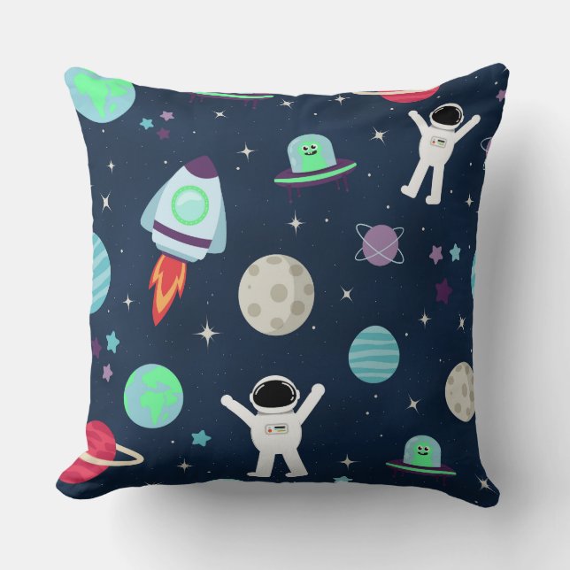 Coussin Astronautes Planètes Fusées et Aliens (Recto)