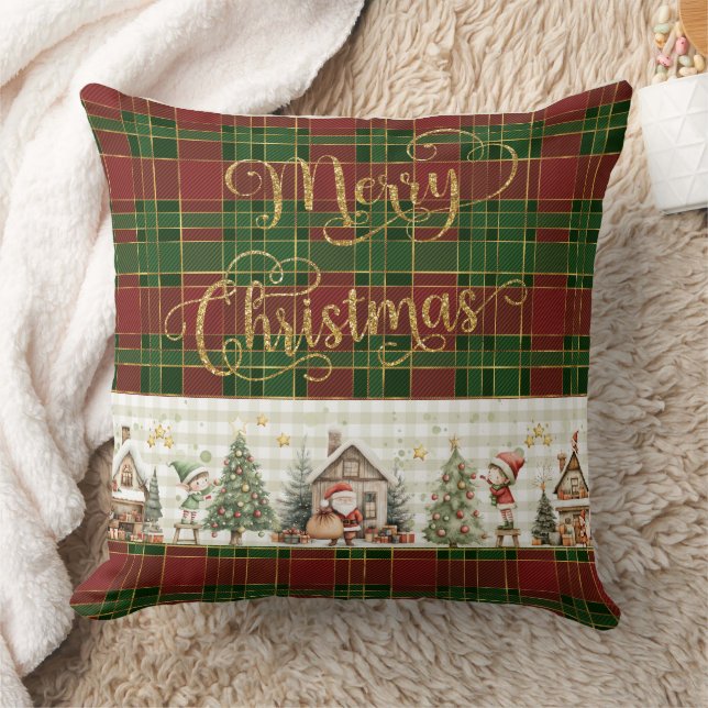 Coussin Atelier père Noël Elfes Red Green Christmas Tartan (Couverture)