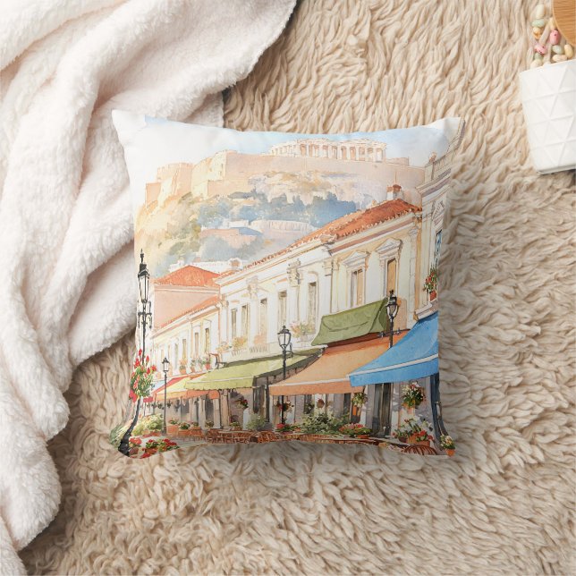 Coussin Athènes charmant Grèce Rue Aquarelle (Couverture)