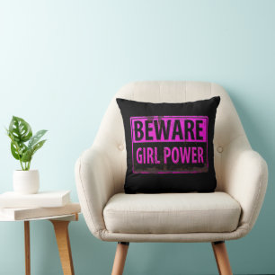 Coussin ATTENTION Girl Power - Panneau de Danger Métal Noi