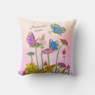 Coussin Aussi beau que vous Fleurs roses et papillon bleu
