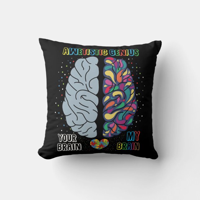 Coussin Autisme Coeur génial Autiste Cerveau coloré (Recto)