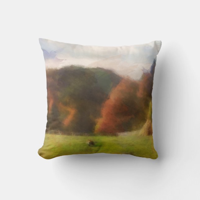 Coussin Automne Avec Mountain Fox Et Haystack Aquarelle (Recto)