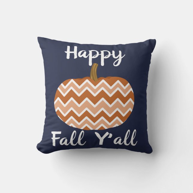 Coussin Automne Chevron Citrouilles et Marine (Recto)