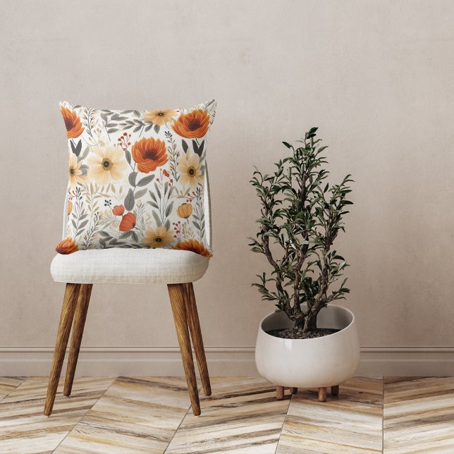Coussin Automne Cute Orange Floral Motif Blanc (Créateur téléchargé)