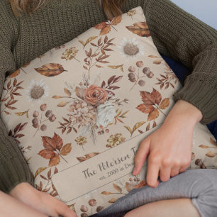 Coussin Automne fleurs aquarelle nom personnalisé