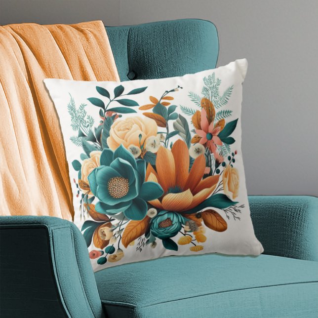 Coussin Automne Fleurs d'automne Bohème Turquoise Orange (Créateur téléchargé)